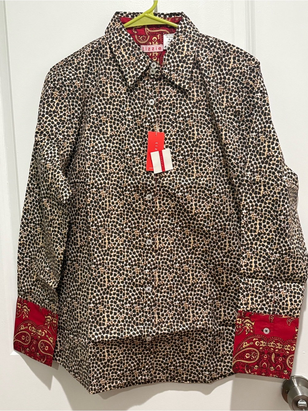 Animal Printed Button-Up Shirt with Red Accent Cuffs